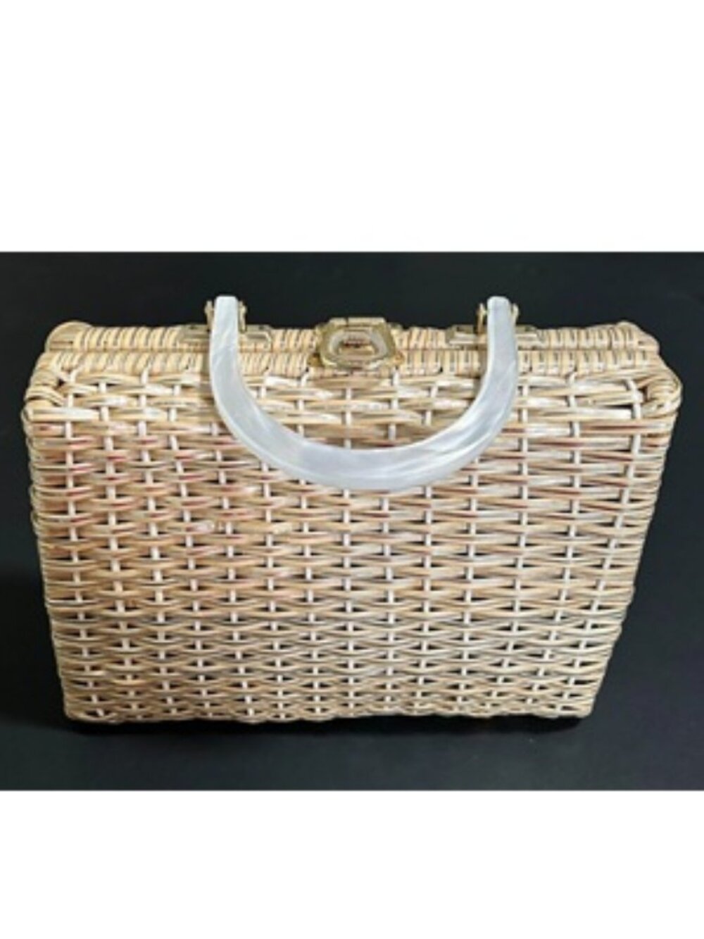 Vintage Natural Wicker Basket Weave Box Purse Lucite Top Handle 1950's Handbag